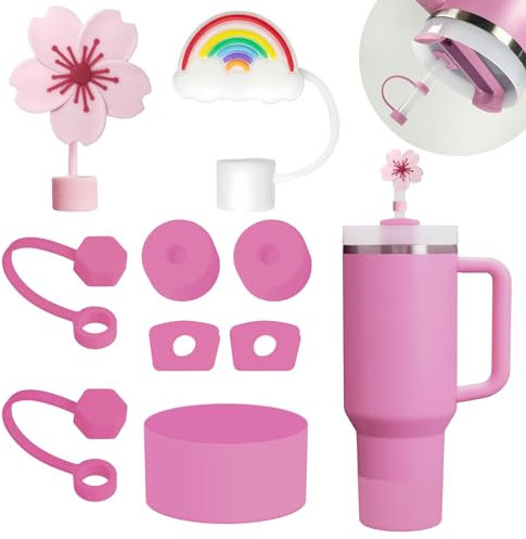 Stanley Becherzubehör-Set mit 6 auslaufsicheren Silikon-Stopper, 2 Strohhalm-Abdeckkappen für 9–10 mm Strohhalme, 1 Silikonstiefel für Stanley Cup Stanley 1,2 l und 850 ml Becher (Pfingstrose)