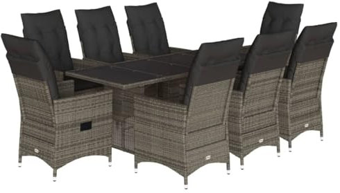 vidaXL Garten Essgruppe 9-TLG., Gartenmöbel Set mit Kissen, Gartengarnitur Tisch 8 Verstellbare Stühle, Sitzgruppe für Garten Terrasse, Grau Poly Rattan