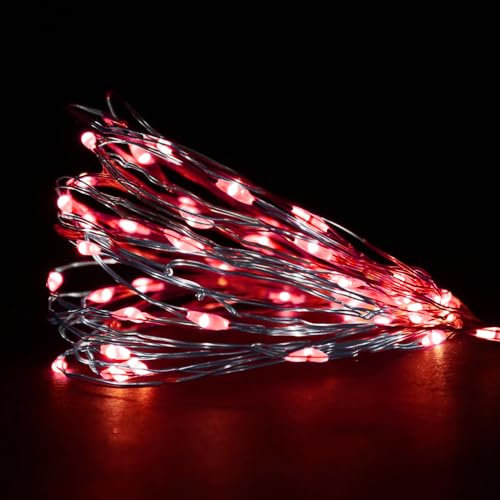 ANSIO Fairy Lights Battery Operated 100 LED Copper Wire Indoor Outdoor Christmas Lights, Bedroom String Lights 10m/33ft-Ideal for Christmas Tree, Party&Wedding Decorations-Red-Silver Cable