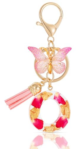 MWOOT Letter Keychains Initiale Porte Clef Lettre O,Alphabet Initial Keyring avec Papillon Pendentif,Rose Pétales Feuille D'or Key Ring pour Femmes Filles Portefeuilles Sac à Main Charme (O)