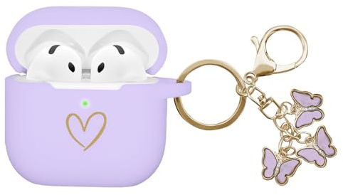 AIIEKZ Compatible with AirPods 4 Case Cover 2024, Soft Silicone Case with Gold Heart Pattern for AirPods 4th Generation Case with Cute Butterfly Keychain for Girls Women (Purple)