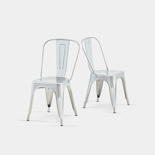 AC Pacific 18 Inch Seat Height Industrial Metal Dining Chairs, Stackable Kitchen or Bar Seat, Durable Modern Design, Versatile Accent Furniture, Set of 2, Silver