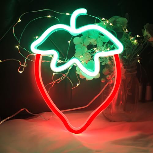 Letrero de neón de fresa, rojo y verde, luces de neón para frutas lindas, batería USB, letrero LED para habitación, restaurante, bar, tienda de frutas, decoración de pared verde