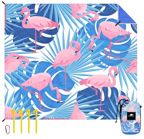Rhino Valley Stranddecke 215x245 cm,Sandfrei Picknickdecke mit Tragetasche&4 Stabil Pfählen, Schnelltrocknend Outdoor Picknickmatte für Sand Reisen Camping Wandern, Flamingo(7*8FT, Für 4-5 Personen)