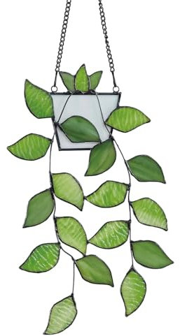 Sonnenfänger,fensterdeko hängend,Grün Hängende Pflanzgefäße,Material Glas, Anhänger mit grünem Blumenkorb im Tiffany-Stil,Fensterdeko Hängend für Zuhause Büro Garten Outdoor Deko.