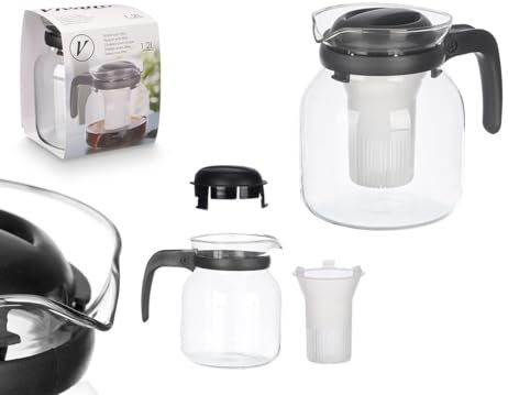 Tetera Vidrio Grande - Para preparar Té de Hojas, Hierbas, Frutas, Infusiones calientes o frías | Estuche de Filtro de Acero Inox - Cristal Resistente al Calor (M - 1,2 l)