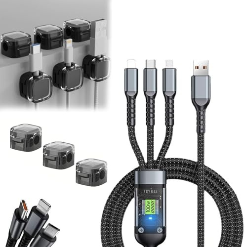 Transparent Luminous Super Fast Charging 3-in-1 Charging Data Cable, 100W Super Fast Charging Cable, Durable Nylon Braiding 47.2 in/ 1.2 m for All Phone (With 3 Black Data Cable Clips)