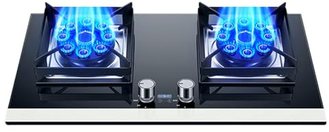 Réchaud À Gaz Portable 2 Brûleurs, 5,2 KW, 9 Cavités, Minuterie Haute Puissance, Support De Casserole En Fonte Et Verre Trempé Noir, Avec Protection Anti-extinction.(LPG)
