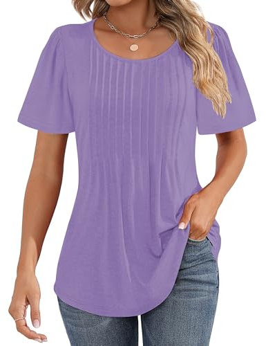 Cuptacc Camiseta Mujer Cuello Redondo Plisado Manga Globo T-Shirt Verano 2025 Top Elegante Lila Claro Talla S 34-36
