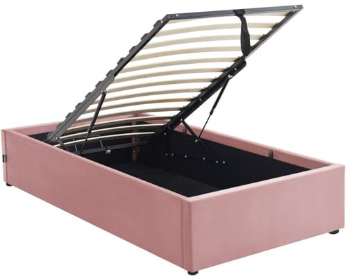 Lit Coffre Adulte 90x190 cm en Velours Rose avec sommier - Handy