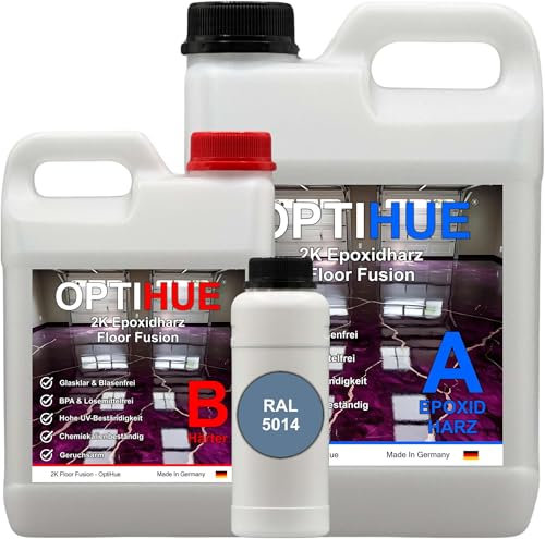 Optihue Epoxidharz Bodenbeschichtung Garagenboden Bodenfarbe 2K Harz&Härter Garagenbeschichtung,Profi Qualität, Epoxy Gießharz geruchsarm Boden Werkstattboden (RAL 5014 Taubenblau)