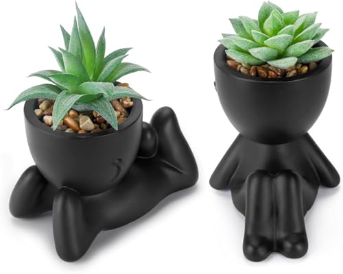 BTSD-home 2 Pack Fake Plants In Black Figure Pots for Desk Office Decor | Matte black figure pots suit gothic home decor on bathroom shelves, office desks and bedside tables, adding playful detail.