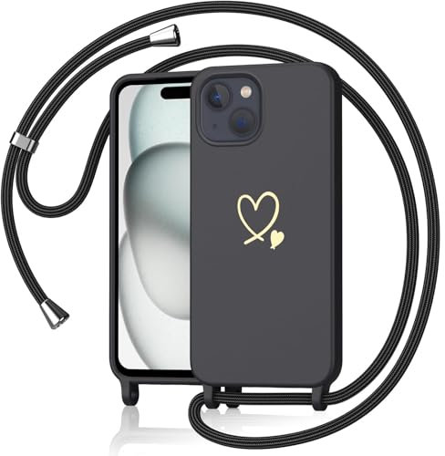 Yichxu Handyband für iPhone 15 Hülle mit Band, Herz Design Necklace Handyhülle zum Umhängen Kordel, Stoßfest Schutzhülle mit Kette, Weich TPU Liquid Silikon Case für iPhone 15, Schwarz
