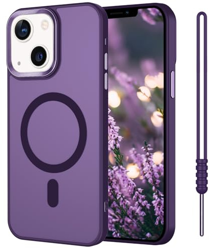 SouliGo iPhone 13 Hülle, iPhone 13 Handyhülle mit Band Magnetisch Kompatibel mit Magsafe Durchscheinende Matt TPU Case Kratzfeste Stoßfeste Schutzhülle für iPhone 13 6,1'' Dunkelviolett