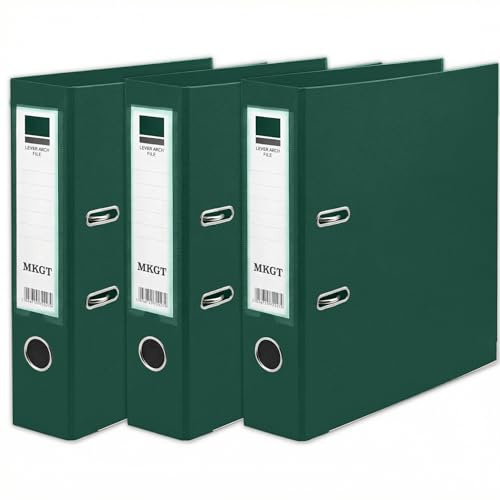 MKGT A4 Lever Arch File 75mm Spine – Heavy Duty Metal Lever Arch Mechanism, Strong Ring Binder Folder with Thumb Hole & Spine Label for Office, School & Home Filing (Green, Pack of 3)
