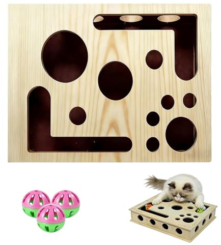 Cat Nail File Enrichment Box, Interactive Cat Puzzle Toy Nail File Scratcher Wooden Scratch Boxes Sandpaper 3 Bell Balls for Indoor Kitten Scratching