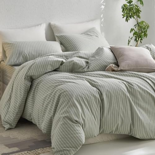 Sedefen Bettwäsche 200x220 cm Baumwolle Gestreift Grün Weiß,Leinenoptik | Oeko-TEX zertifizierte,Baumwollbettwäsche,Renforce Bettwäsche für Allergiker,Bettbezug mit Reißverschluss 2 Kissenbezug 80x80