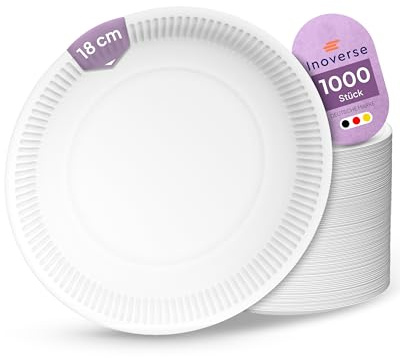 Inoverse Pappteller 1000 Stück Rund 18 cm Weiß, Einwegteller aus Pappe | Stabil Umweltfreundliche Papierteller, Kuchenteller, Einweggeschirr, für Kuchen und Waffeln, für kleine Speisen und Feiern
