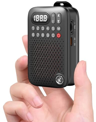 Radio FM personal de bolsillo portátil con altavoz Bluetooth, mini radio FM digital de afinación con clip, recargable, tarjeta TF, temporizador de sueño, grabación, altavoz de 5 W, conector de