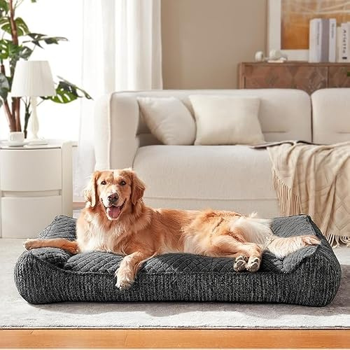 JOEJOY Orthopädisches Hundebett Grosse Hunde, Ergonomisches Hundebett Waschbar Abnehmbar, Hundesofa rutschfest mit Erhöhtem Rand, Hundekorb Weiches Schneeflocken-Fleece, 107x76x24cm