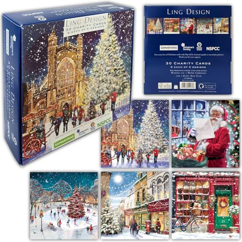 Ling design Festive Art Premium Bumper Box of 30 Christmas CHARITY Cards - 6 Each of 5 Designs 16 x 16cm - Gloss Finish - Great British Card Company (Festive Xmas Scenes)