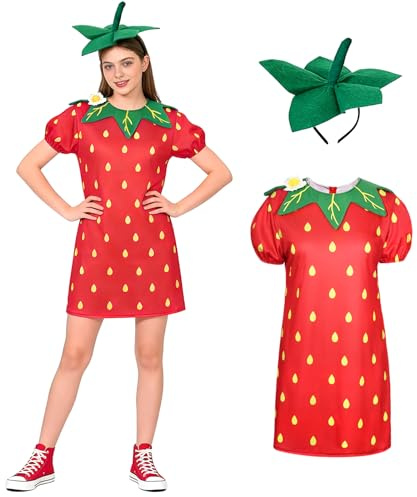 Maazusa Erdbeere Obst Kostüm für Erwachsene Erdbeere Damen Kleid Outfit mit Obst Stirnband Erdbeeres Damen Kostüm für Karneval Fasching Maskerade Mottoparty