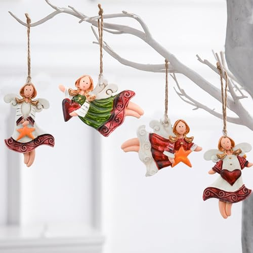 4 Stück Weihnachtsengel-Anhänger, Weihnachtsbaumanhänger Weihnachten Engel Anhänger, bunt bemalt, rustikale Weihnachtsbaum-Dekoration für Zuhause und Fenster (Color-B)