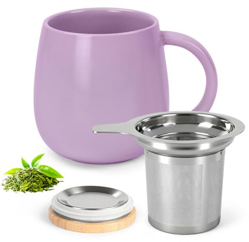 AOOTE Tasse à Thé avec Infuseur et Couvercle, 480 ML, en Céramique avec Couvercle en Bois et Infuseur en Acier Inoxydable. Idéale pour Le Thé, Le Café et l'eau.