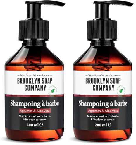 Brooklyn Soap Company, Shampooing à barbe 200 ml - Savon à barbe pour hommes pour le nettoyage quotidien & les soins de la barbe - Réduit les pellicules & les démangeaisons - Etiquette française