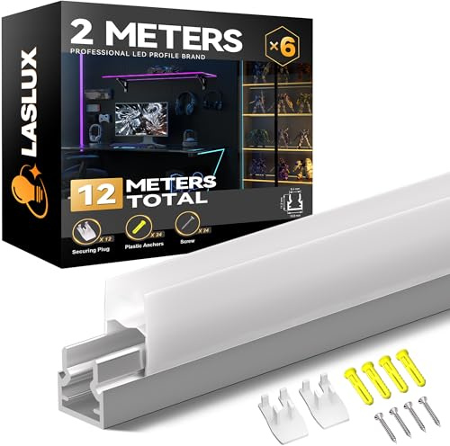 LASLUX Éclairage LED pour bord de vitrine, 6 profilés LED en aluminium, 2 m, fond en verre de 6 à 8 mm, profilé en U découpable, éclairage de sol en verre pour étagères de présentation, vitrines, bars