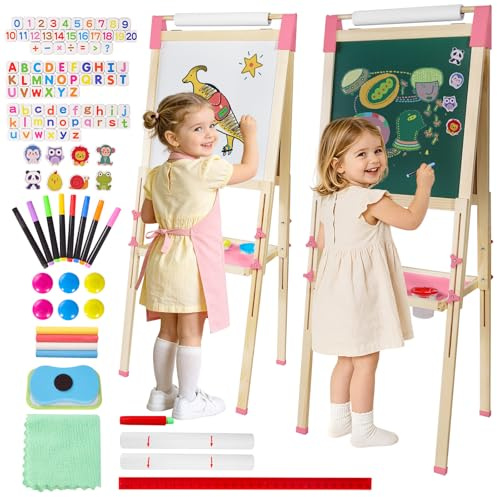 Kinder Staffelei Holz Kindertafel mit Papierrollenhalter Doppelseitige Maltafel Kinder Kreidetafel und Whiteboard für Mädchen