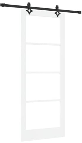 Porte coulissante blanche 83 x 211 cm en bois de pin massif et verre, porte intérieure avec rail coulissant et fonction silencieuse pour salon et couloir