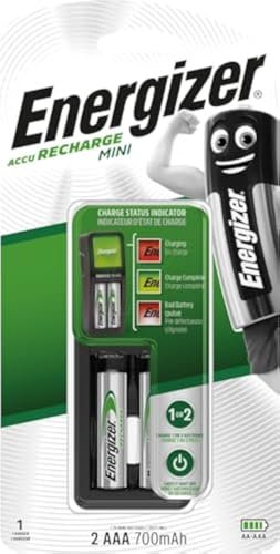 Energizer - Cargador MINI con capacidad de 2 pilas AAA, 700 mAh, con indicador de la carga de la pila, auto-desconexión evitando sobrecarga