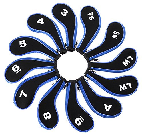 Hipiwe Golfschlägerhauben mit Zahlendruck, strapazierfähiges Neopren, mit Reißverschluss, langer Hals, 12 Stück (schwarz + blau)
