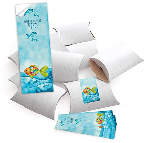 Logbuch-Verlag 25 kleine Geschenkschachteln Kinder Kommunion Geburtstag 14,5 x 10,5 cm + 10 SCHÖN DASS DU DA BIST Aufkleber Fische blau weiß
