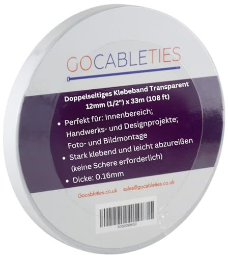 GOCABLETIES, nastro biadesivo bianco di alta qualità, 33 m x 12 mm (1/2), resistente, bianco, 1 Rotolo