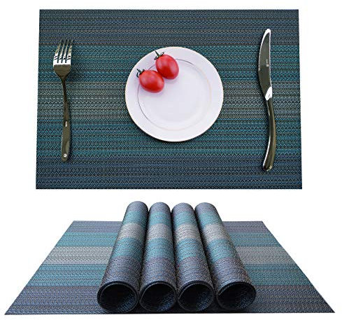 KOKAKO Platzsets (4er Set), Rutschfest Abwaschbar Tischsets,PVC Abgrifffeste Hitzebeständig Platzdeckchen,Schmutzabweisend und Waschbare,Platz-Matten für küche Speisetisch(Grau Blau)
