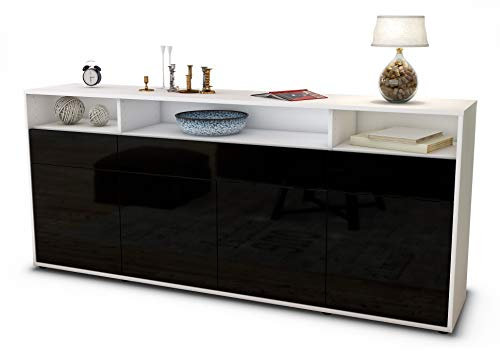 Stil.Zeit Sideboard Ezia, Korpus Weiss matt, Front Hochglanz Schwarz (180x79x35cm) Push-to-Open Technik & Leichtlaufschienen