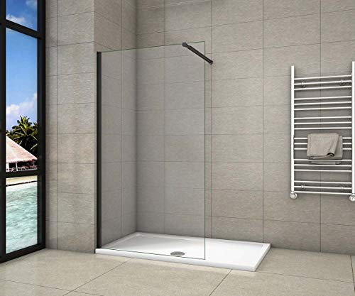 AICA Parete Doccia Walk-In 70x200cm con telaio nero opaco vetro temperato 8 mm easy clean con barra stabilizzatrice nero opaco regolabile 73-120cm