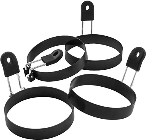 COTEY Große 8,9 cm große antihaftbeschichtete Eierringe, 4 Stück, runde Crumpet-Ring-Form für englische Muffins, Pfannkuchen, Kochen, Grill-Zubehör für Camping, Innenbereich, Frühstück