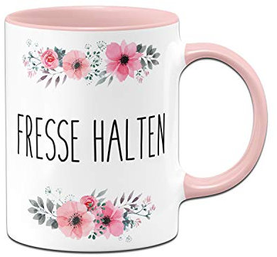 Tassenbrennerei Tasse mit Spruch Fresse halten - Kaffeetasse lustig Bürotasse - Spülmaschinenfest (Rosa)