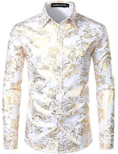 PARKLEES Herren Luxus Paisley Gemustert Golden Glänzend Slim Fit Freizeithemd ZLCL18 Weiß Golden L