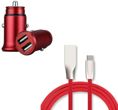 Pack Chargeur Type C pour Samsung Galaxy A71 (Cable Fast Charge + Mini Double Prise Allume Cigare USB) Android (Rouge)