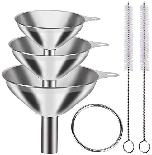YLYL 6Pcs Metal Stainless Steel Funnel, Large Small Funnel Set of 3, Food Grade Mini Funnels for Kitchen Use Filling Bottles Flask Cooking, 2 Brushes