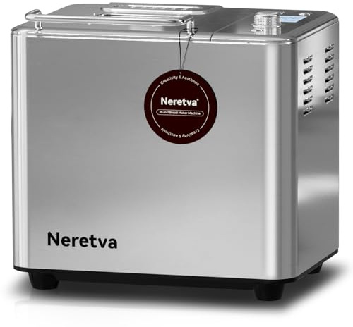 Neretva Bread Maker, 20-IN-1 2LB Bread Machine Dual Heater Bread Maker Machine Automatic with Nonstick Ceramic Pan, 15H Timer & 1H Keep Warm Set, Low Noise, Stainless Steel Breadmaker Recipe-Silver