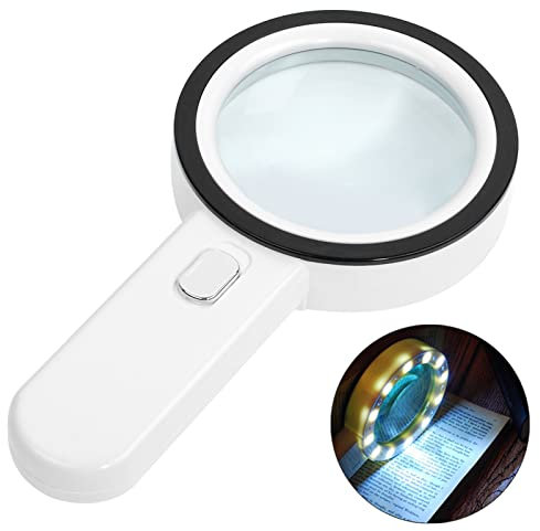 Loupe Grossissante avec 12 LED Lumière, Loupe Eclairante à Main pour Lecture, Bijoux, Seniors, Malvoyant, Observations et Travaux Manuels Blanc