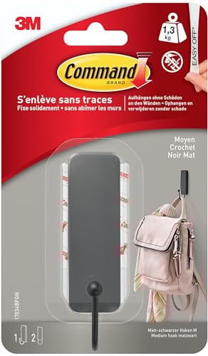 Command Self-Adhesive Metal Hook, Matt Black - 1 Metal Hook, 2 Adhesive Strips - for Hanging Bags, Clothes and Keys - Hooks for Wall and Door, Organize No Drilling Required, Holds 1.3 kg