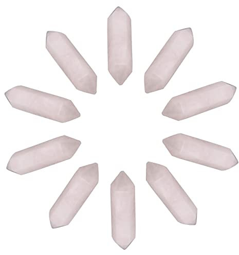 SUNNYCLUE 1 Box 10Pcs Rose Quartz Crystal Points Hexagonal Healing Chakra Faceted Gemstone Pointed Bullet Stones Wands Carved for Jewelry Making DIY Necklace Riki Balancing Meditation