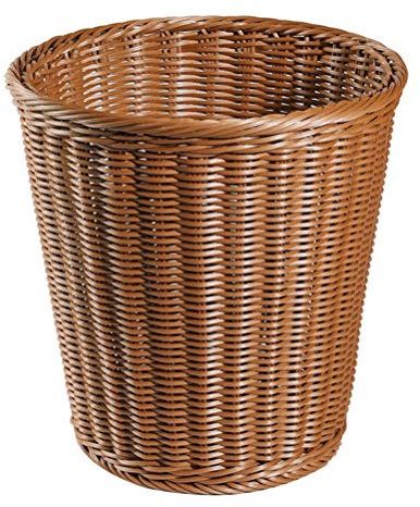 Generic Round Wicker Rattan Waste Basket, False Rattan Woven Trash Bin, Woven No Lid Wastebasket, Storage Baskets for Bedroom Office 29x 29cm (Imitated Style), Light Brown