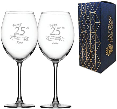 Personalised Engraved 25th Anniversary Glass Set of Two, Enoteca Red Wine 19oz Glass, Engraved in The UK, Personalise with Any Name, Thoughtful Customised Gift